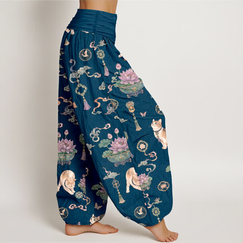 Buddha Stones Pantalon harem à taille élastique pour femme, motif chat lotus en coton et pompons - image 1