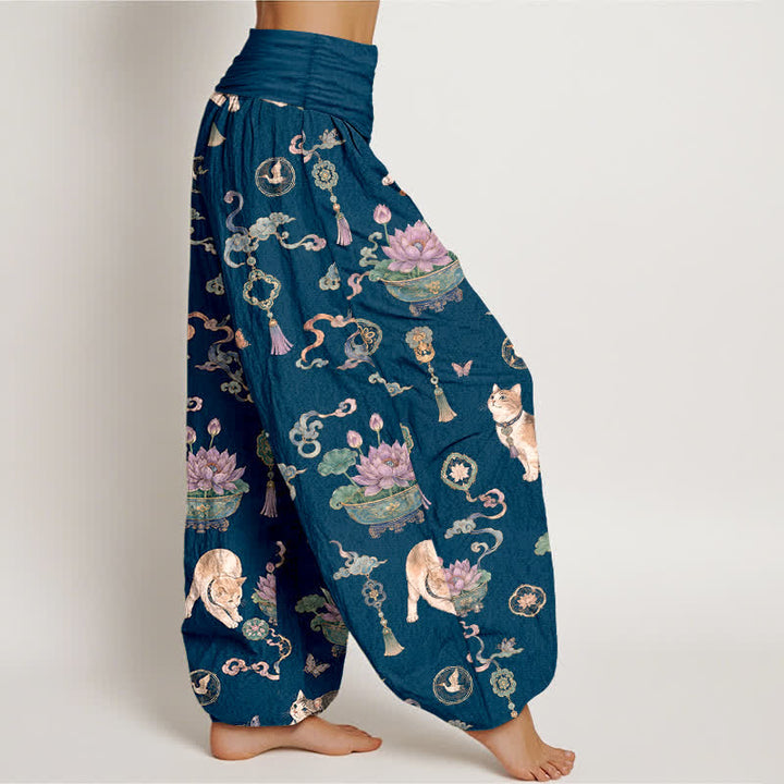 Buddha Stones Pantalon harem à taille élastique pour femme, motif chat lotus en coton et pompons - image 1