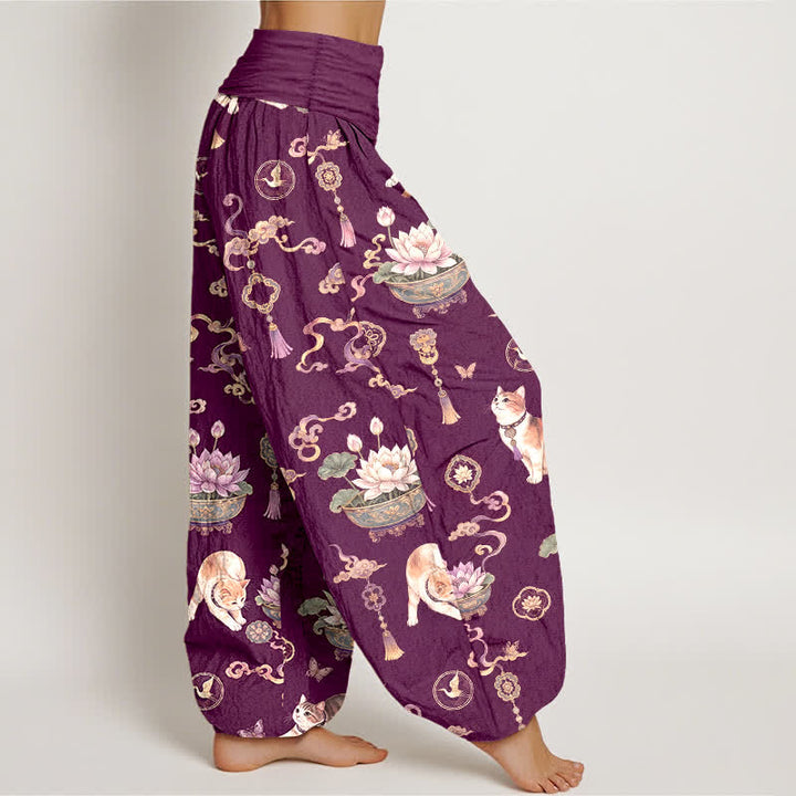Buddha Stones Pantalon harem à taille élastique pour femme, motif chat lotus en coton et pompons - image 6