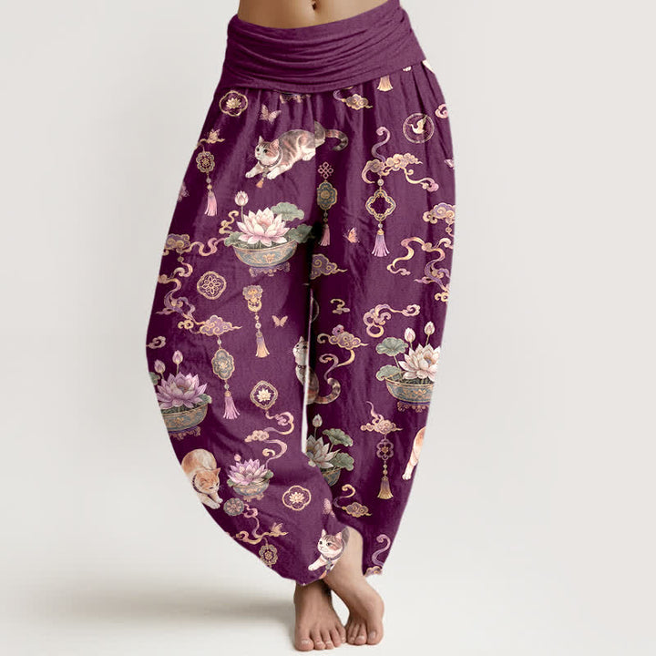Buddha Stones Pantalon harem à taille élastique pour femme, motif chat lotus en coton et pompons - Violet - US16，UK/AU20，EU48 (3XL) - image 5