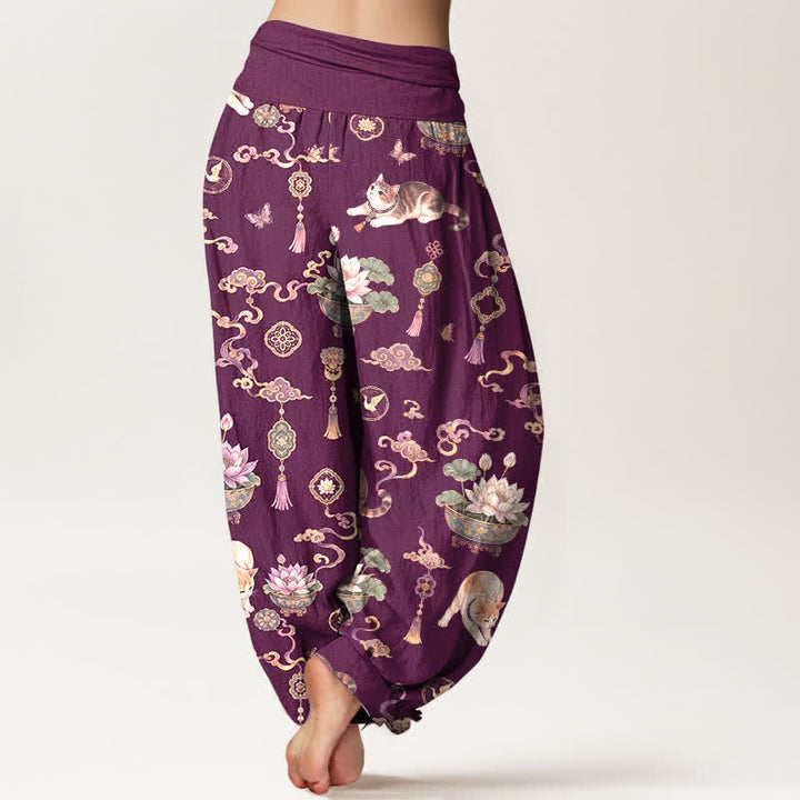 Buddha Stones Pantalon harem à taille élastique pour femme, motif chat lotus en coton et pompons - image 7
