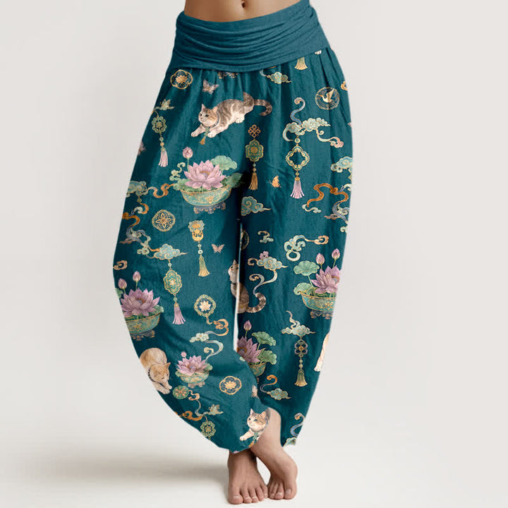 Buddha Stones Pantalon harem à taille élastique pour femme, motif chat lotus en coton et pompons - Sarcelle - US16，UK/AU20，EU48 (3XL) - image 8
