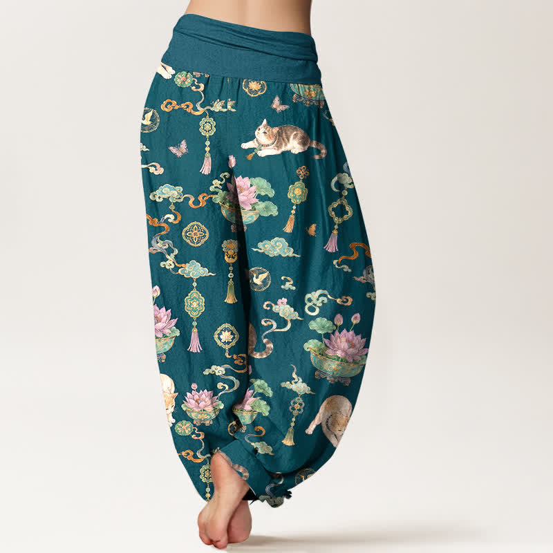 Buddha Stones Pantalon harem à taille élastique pour femme, motif chat lotus en coton et pompons - image 10