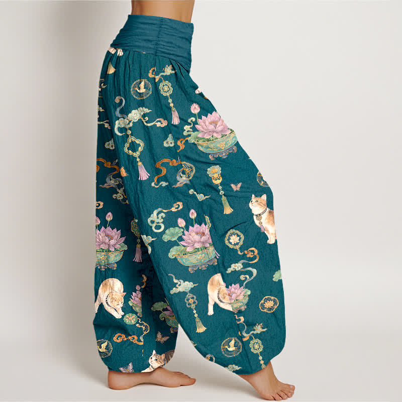 Buddha Stones Pantalon harem à taille élastique pour femme, motif chat lotus en coton et pompons - image 9