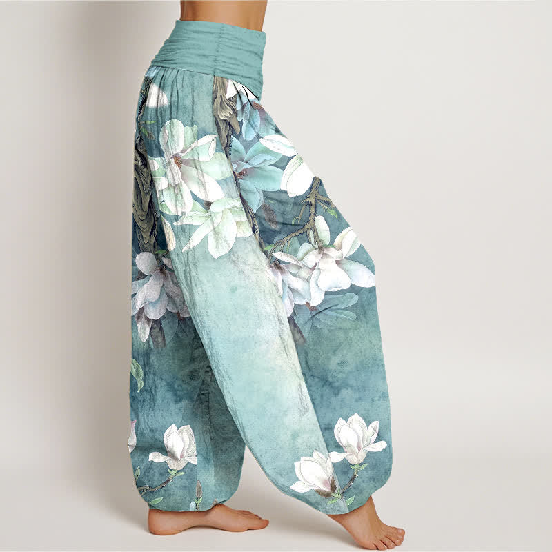 Buddha Stones Pantalon harem à taille élastique pour femme, en coton blanc à motif magnolia - Bleu clair - US16，UK/AU20，EU48 (3XL) - image 1