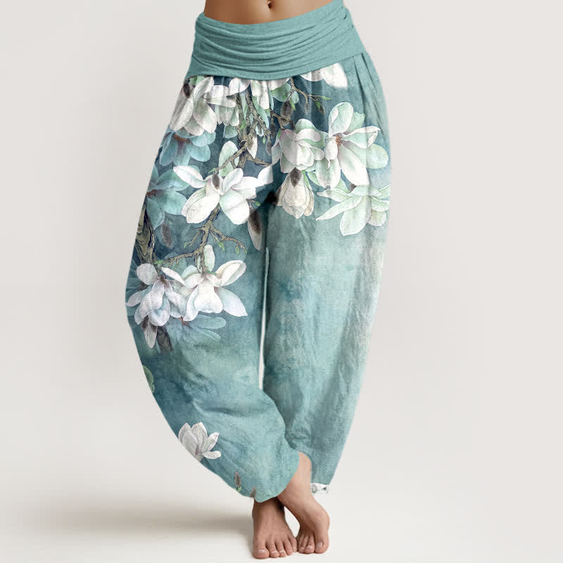 Buddha Stones Pantalon harem à taille élastique pour femme, en coton blanc à motif magnolia - Turquoise - US16，UK/AU20，EU48 (3XL) - image 0