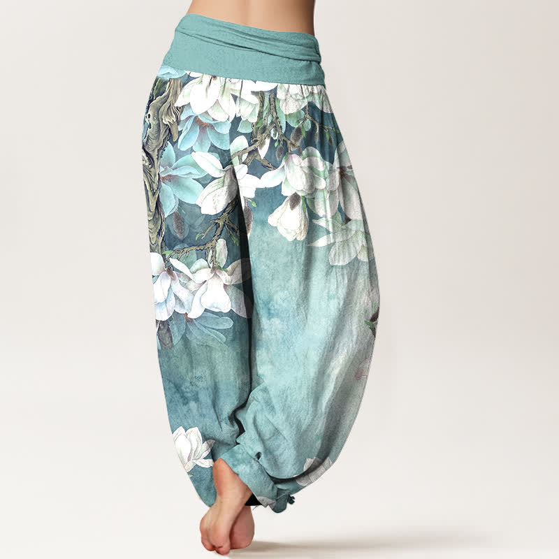 Buddha Stones Pantalon harem à taille élastique pour femme, en coton blanc à motif magnolia - image 2