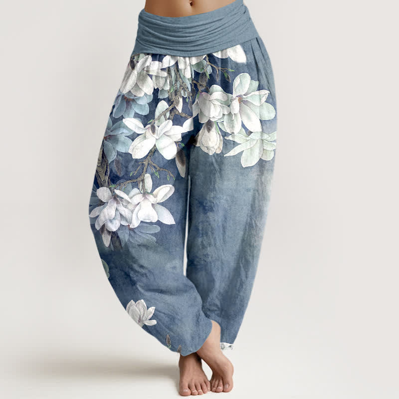 Buddha Stones Pantalon harem à taille élastique pour femme, en coton blanc à motif magnolia - Bleu clair - US16，UK/AU20，EU48 (3XL) - image 5