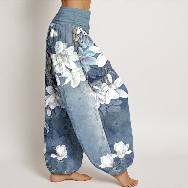 Buddha Stones Pantalon harem à taille élastique pour femme, en coton blanc à motif magnolia - image 6