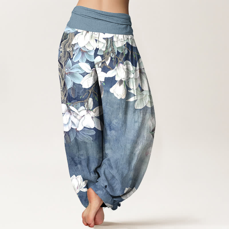 Buddha Stones Pantalon harem à taille élastique pour femme, en coton blanc à motif magnolia - image 7