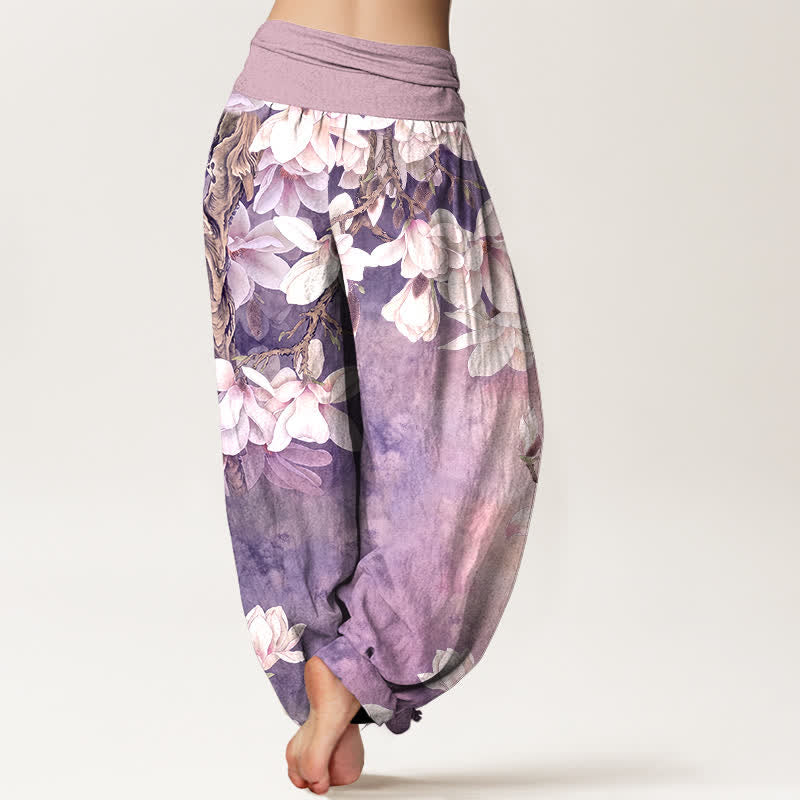Buddha Stones Pantalon harem à taille élastique pour femme, en coton blanc à motif magnolia - image 10