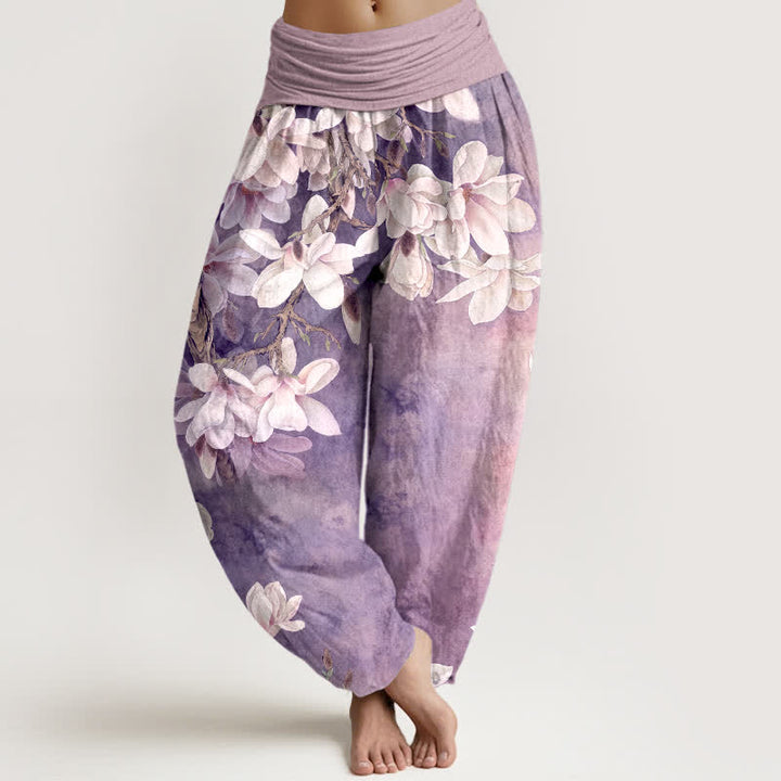 Buddha Stones Pantalon harem à taille élastique pour femme, en coton blanc à motif magnolia - Chardon - US16，UK/AU20，EU48 (3XL) - image 8