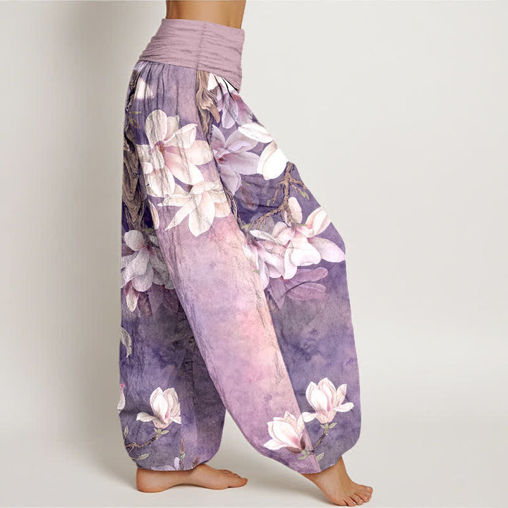 Buddha Stones Pantalon harem à taille élastique pour femme, en coton blanc à motif magnolia - image 9