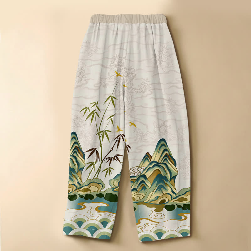 Buddha Stones Pantalon harem pour femme en pur coton, motif bambou vintage montagne, boutons grenouille, taille élastique et poches - image 1