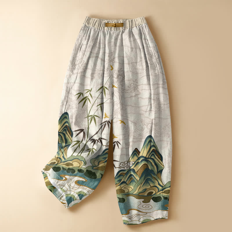 Buddha Stones Pantalon harem pour femme en pur coton, motif bambou vintage montagne, boutons grenouille, taille élastique et poches - Beige - US16，UK/AU20，EU48 (3XL) - image 0