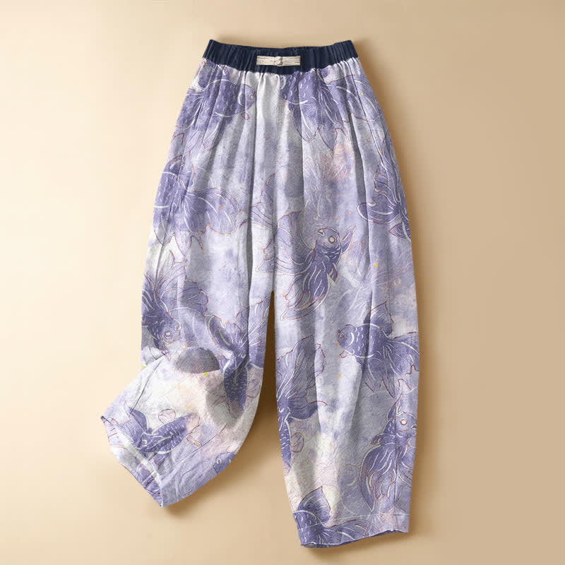 Buddha Stones Pantalon harem pour femme en pur coton, motif poissons rouges aquarelle, boutons grenouille, taille élastique et poches - Lavande - US16，UK/AU20，EU48 (3XL) - image 0
