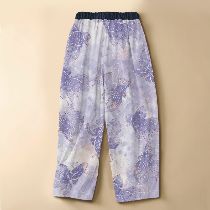 Buddha Stones Pantalon harem pour femme en pur coton, motif poissons rouges aquarelle, boutons grenouille, taille élastique et poches - image 1