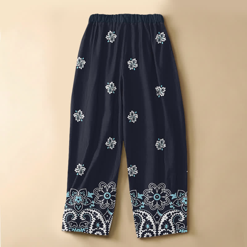 Buddha Stones Pantalon harem pour femme en pur coton, motif floral bohème cachemire, taille élastique et poches, boutonnage brandebourg. - image 1