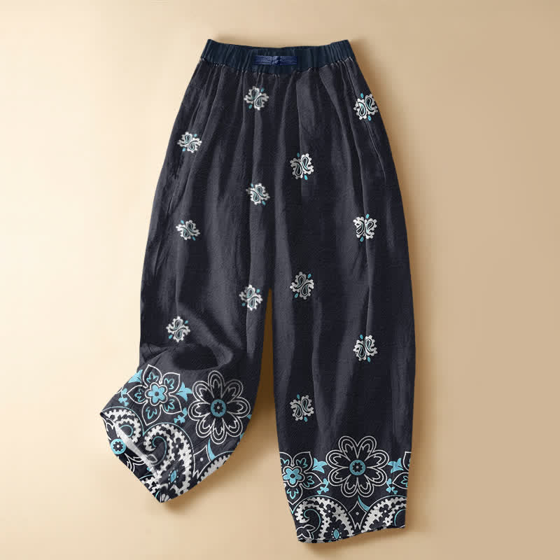 Buddha Stones Pantalon harem pour femme en pur coton, motif floral bohème cachemire, taille élastique et poches, boutonnage brandebourg. - Bleu nuit - US16，UK/AU20，EU48 (3XL) - image 0