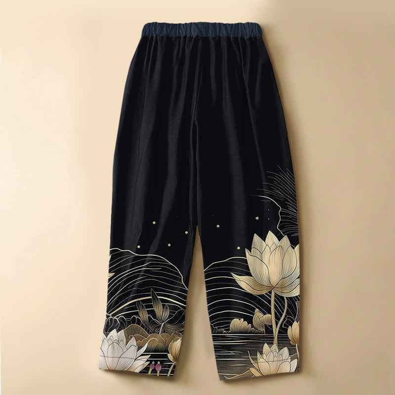 Buddha Stones Pantalon harem pour femme en pur coton, motif vague de lotus doré, boutons brandebourg, taille élastique et poches - image 1