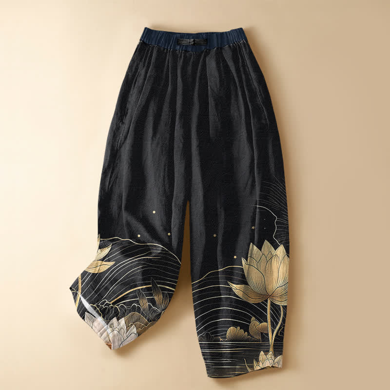 Buddha Stones Pantalon harem pour femme en pur coton, motif vague de lotus doré, boutons brandebourg, taille élastique et poches - Noir - US16，UK/AU20，EU48 (3XL) - image 0