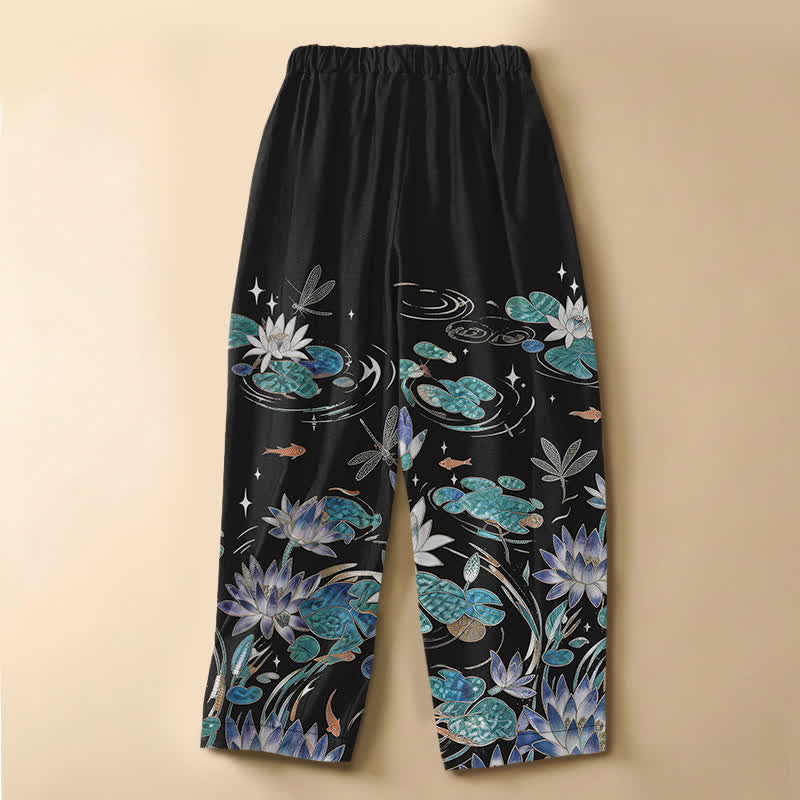 Buddha Stones Pantalon harem pour femme en pur coton, motif lotus, carpe koï et libellule, avec boutons grenouille et taille élastique et poches. - image 1