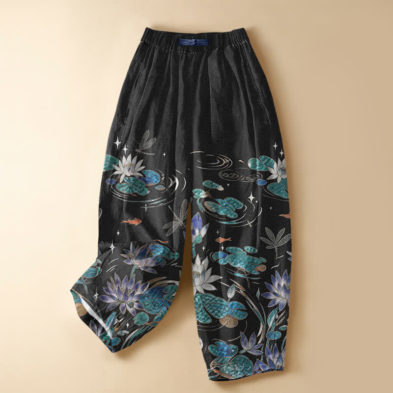 Buddha Stones Pantalon harem pour femme en pur coton, motif lotus, carpe koï et libellule, avec boutons grenouille et taille élastique et poches. - Noir - US16，UK/AU20，EU48 (3XL) - image 0