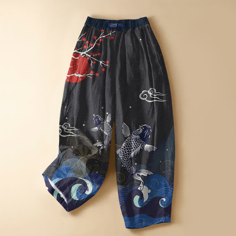 Buddha Stones Pantalon harem pour femme en pur coton, motif vagues et carpes koï orientales, boutons grenouille, taille élastique et poches - Noir - US16，UK/AU20，EU48 (3XL) - image 0