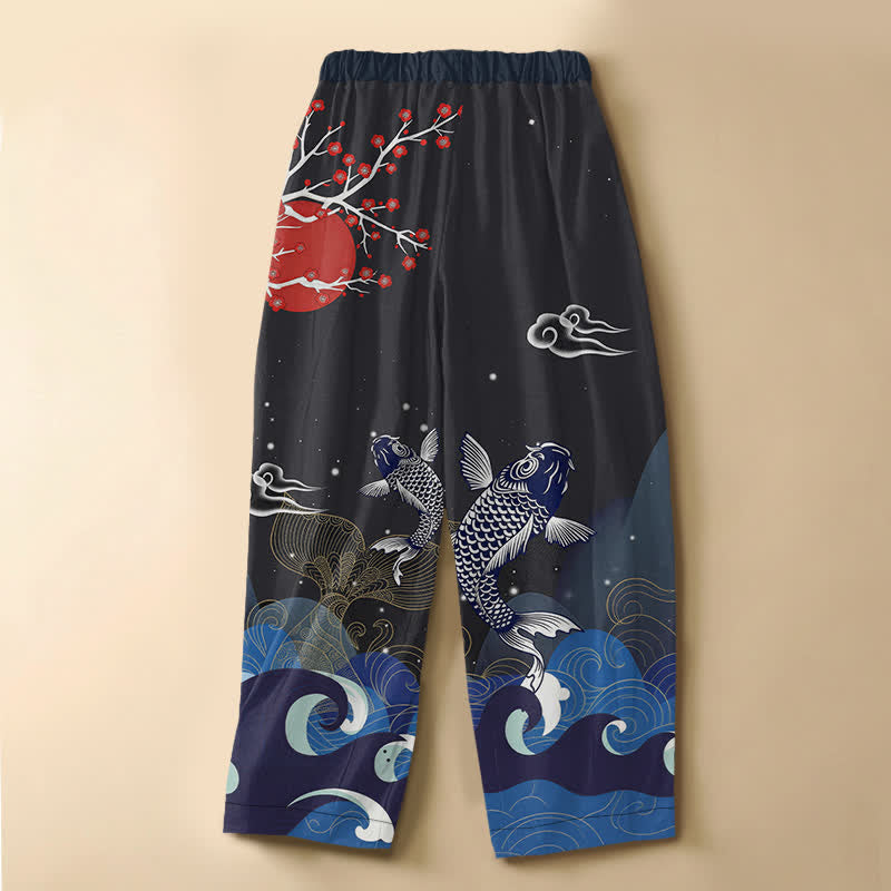 Buddha Stones Pantalon harem pour femme en pur coton, motif vagues et carpes koï orientales, boutons grenouille, taille élastique et poches - image 1