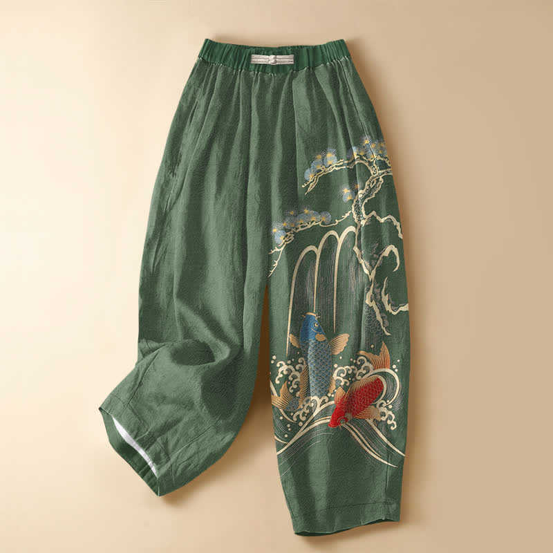 Buddha Stones Pantalon harem pour femme en pur coton, motif cascade de carpes koï et pin, boutons grenouille, taille élastique et poches - Vert d'eau - US16，UK/AU20，EU48 (3XL) - image 0