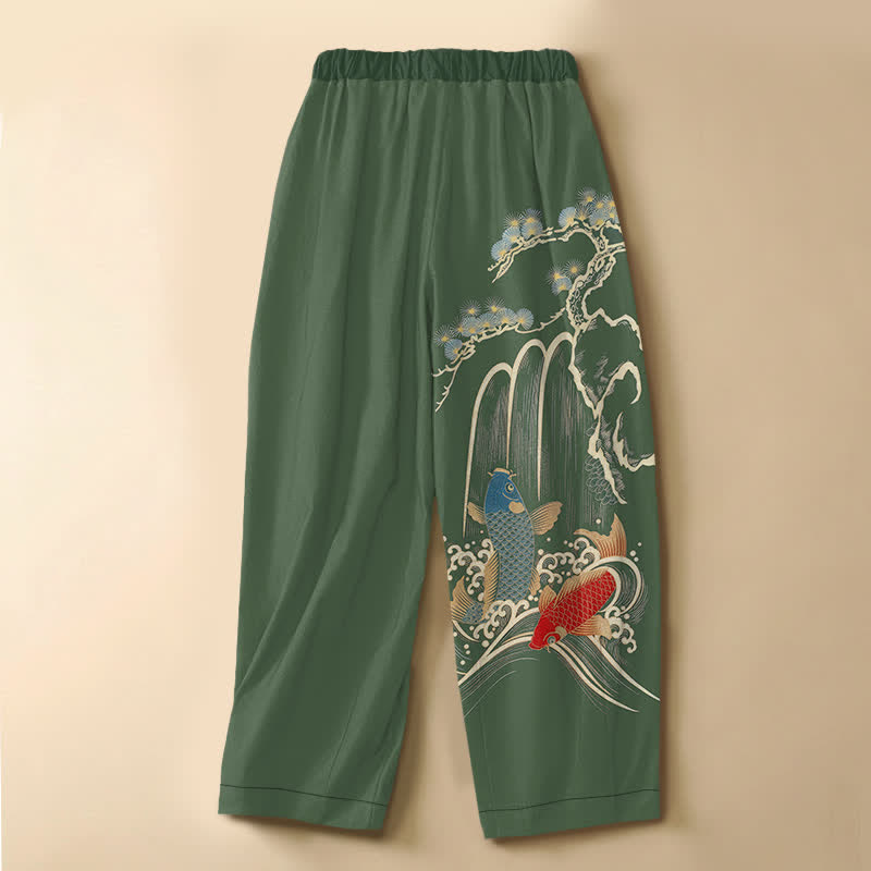 Buddha Stones Pantalon harem pour femme en pur coton, motif cascade de carpes koï et pin, boutons grenouille, taille élastique et poches - image 1