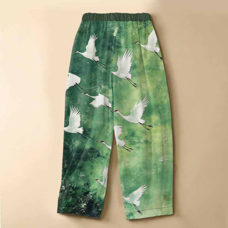 Buddha Stones Pantalon harem pour femme en pur coton avec motif de grues blanches volantes, boutons grenouille, taille élastique et poches - image 1