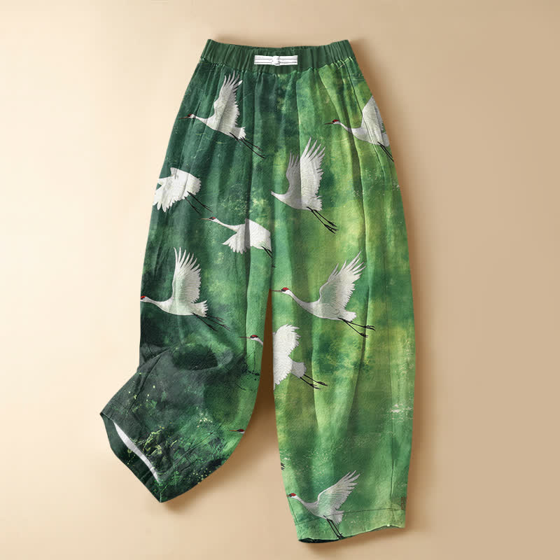 Buddha Stones Pantalon harem pour femme en pur coton avec motif de grues blanches volantes, boutons grenouille, taille élastique et poches - Vert forêt - US16，UK/AU20，EU48 (3XL) - image 0