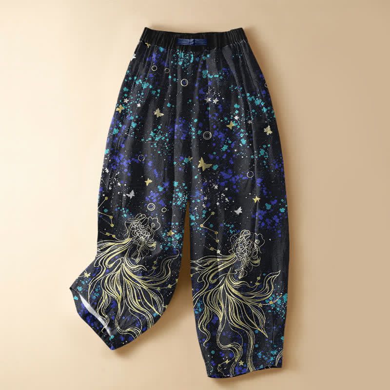 Buddha Stones Pantalon harem pour femme en pur coton, à taille élastique et poches, orné d'un motif de papillons, de carpes koï et de grenouilles, avec boutons et poches. - Noir - US16，UK/AU20，EU48 (3XL) - image 0
