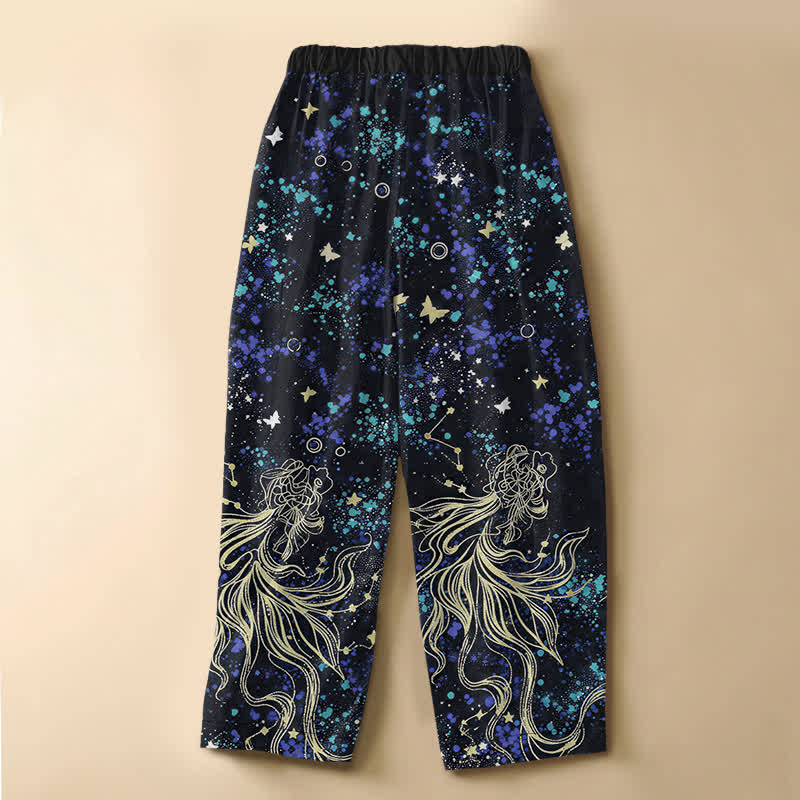Buddha Stones Pantalon harem pour femme en pur coton, à taille élastique et poches, orné d'un motif de papillons, de carpes koï et de grenouilles, avec boutons et poches. - image 1