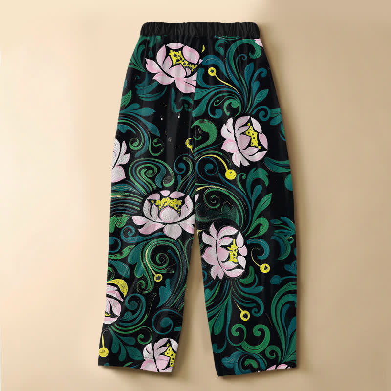 Buddha Stones Pantalon harem pour femme en pur coton, motif vintage de vigne de lotus, boutons grenouille, taille élastique et poches - image 1
