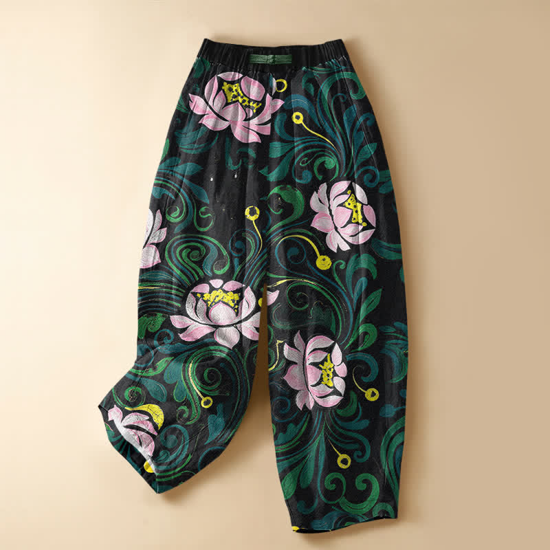 Buddha Stones Pantalon harem pour femme en pur coton, motif vintage de vigne de lotus, boutons grenouille, taille élastique et poches - SteelBlue - US16，UK/AU20，EU48 (3XL) - image 0