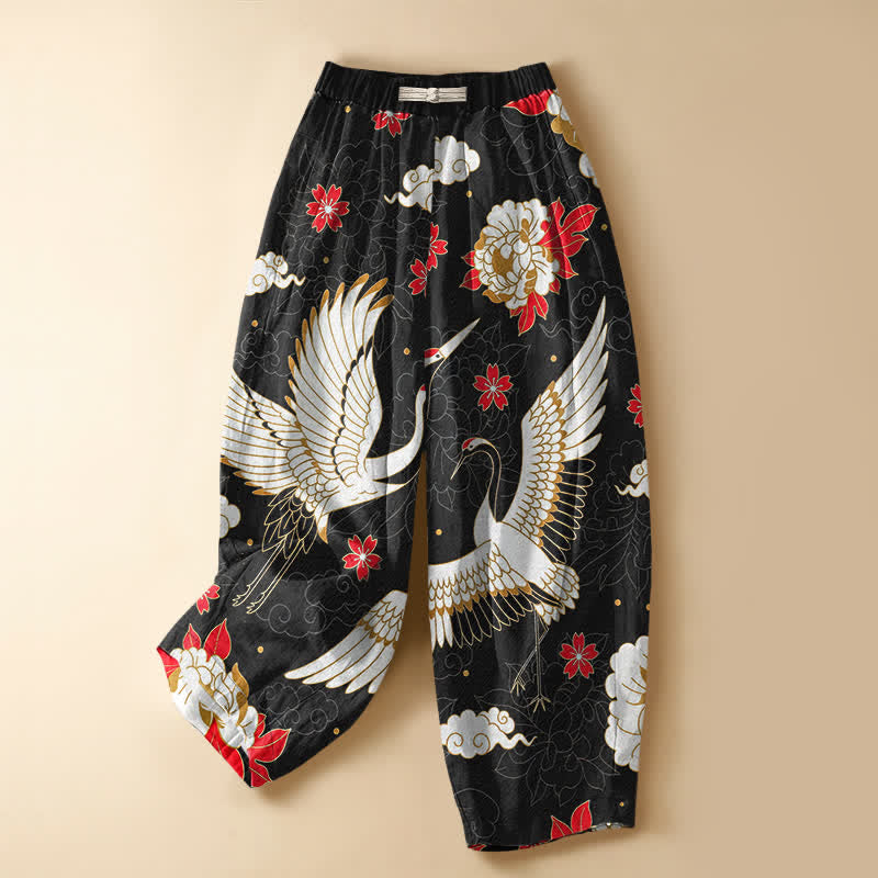 Buddha Stones Pantalon harem pour femme en pur coton, motif floral vintage grues, boutons brandebourg, taille élastique et poches - Noir - US16，UK/AU20，EU48 (3XL) - image 0