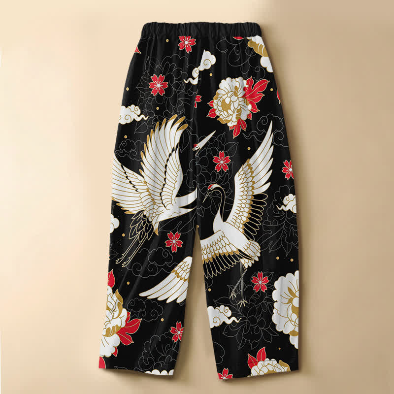 Buddha Stones Pantalon harem pour femme en pur coton, motif floral vintage grues, boutons brandebourg, taille élastique et poches - image 1