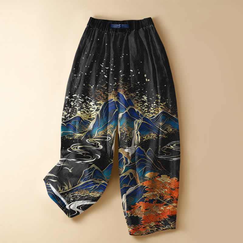 Buddha Stones Pantalon harem pour femme en pur coton avec motif paysage de montagne oriental, boutons grenouille, taille élastique et poches - Noir - US16，UK/AU20，EU48 (3XL) - image 0