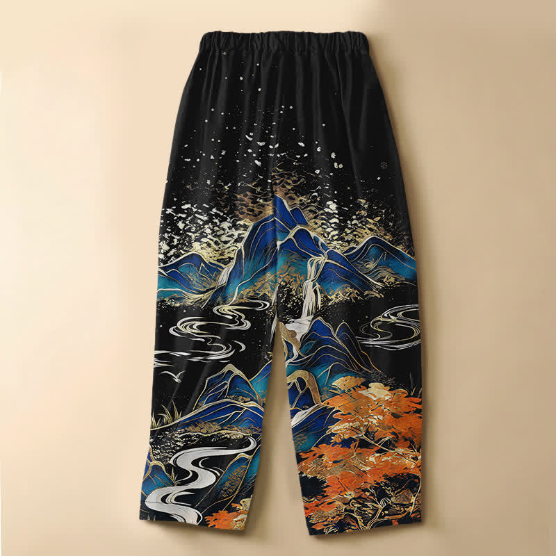 Buddha Stones Pantalon harem pour femme en pur coton avec motif paysage de montagne oriental, boutons grenouille, taille élastique et poches - image 1