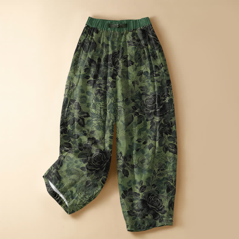 Buddha Stones Pantalon harem pour femme en pur coton, motif floral rose vintage, boutons brandebourg, taille élastique et poches - Vert forêt - US16，UK/AU20，EU48 (3XL) - image 0