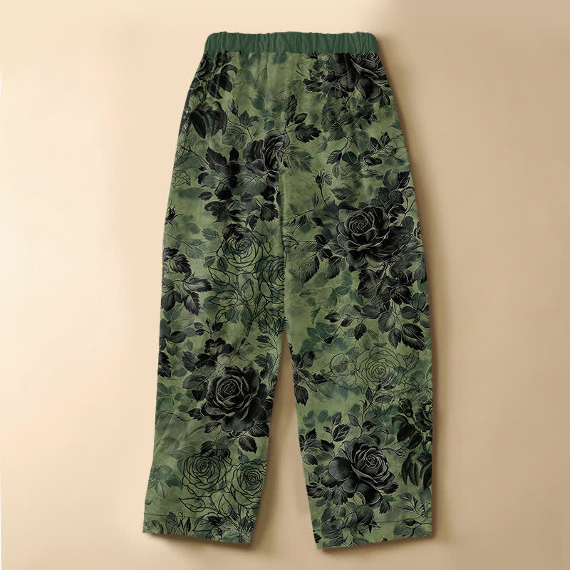 Buddha Stones Pantalon harem pour femme en pur coton, motif floral rose vintage, boutons brandebourg, taille élastique et poches - image 1