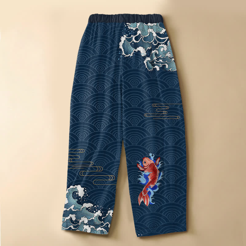 Buddha Stones Pantalon harem pour femme en pur coton, motif vagues koi japonais, boutons grenouille, taille élastique et poches - image 1