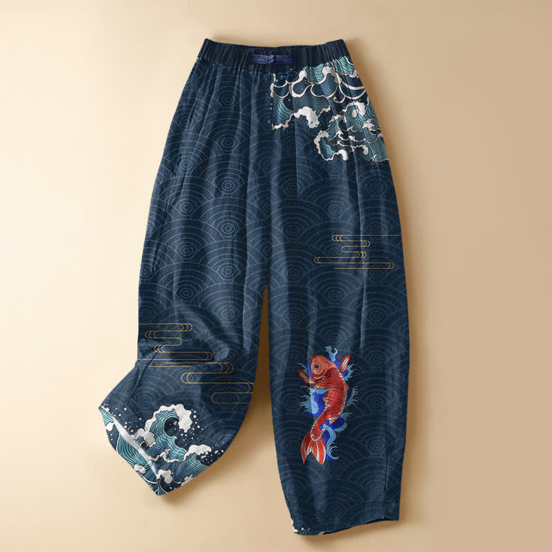 Buddha Stones Pantalon harem pour femme en pur coton, motif vagues koi japonais, boutons grenouille, taille élastique et poches - Marine - US16，UK/AU20，EU48 (3XL) - image 0