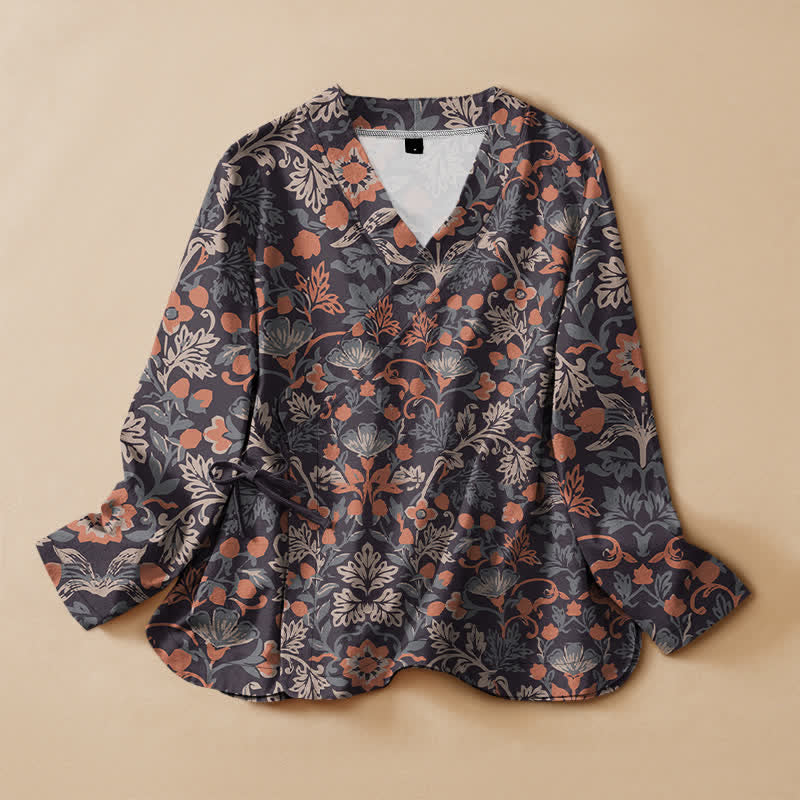 Buddha Stones Chemises à manches longues pour femmes, style Hanfu, en coton imprimé floral vintage, col en V et lacets. - Gris terne - US16，UK/AU20，EU48 (3XL) - image 0