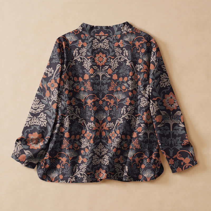 Buddha Stones Chemises à manches longues pour femmes, style Hanfu, en coton imprimé floral vintage, col en V et lacets. - image 1