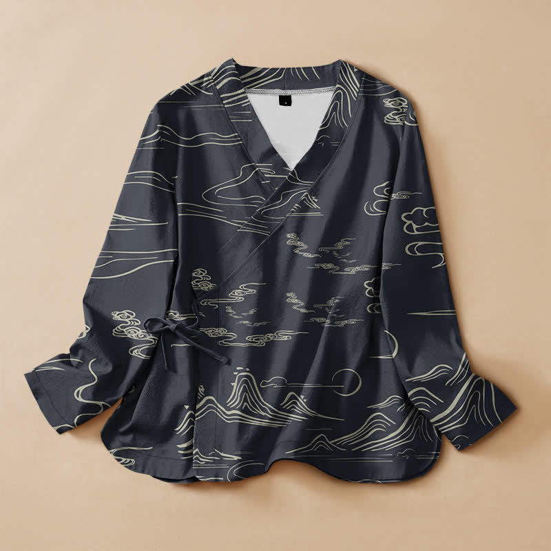 Buddha Stones Chemises à manches longues pour femmes, style Hanfu, en coton imprimé montagne, nuage et lune, col en V, lacets. - Gris ardoise foncé - US16，UK/AU20，EU48 (3XL) - image 0