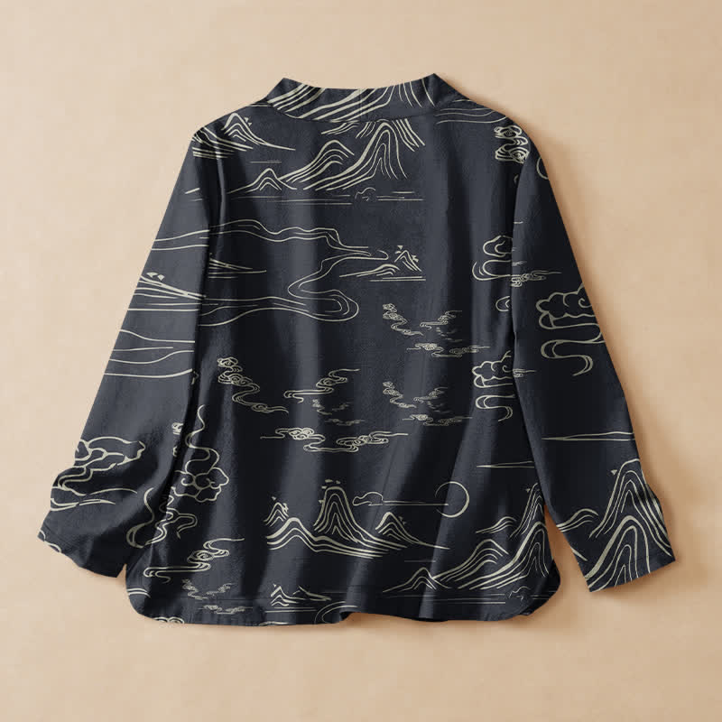 Buddha Stones Chemises à manches longues pour femmes, style Hanfu, en coton imprimé montagne, nuage et lune, col en V, lacets. - image 1