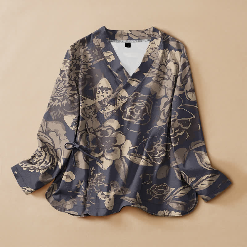Buddha Stones Chemises à manches longues pour femmes, style Hanfu, en coton à imprimé floral vintage, col en V et lacets. - Bleu ardoise foncé - US16，UK/AU20，EU48 (3XL) - image 0